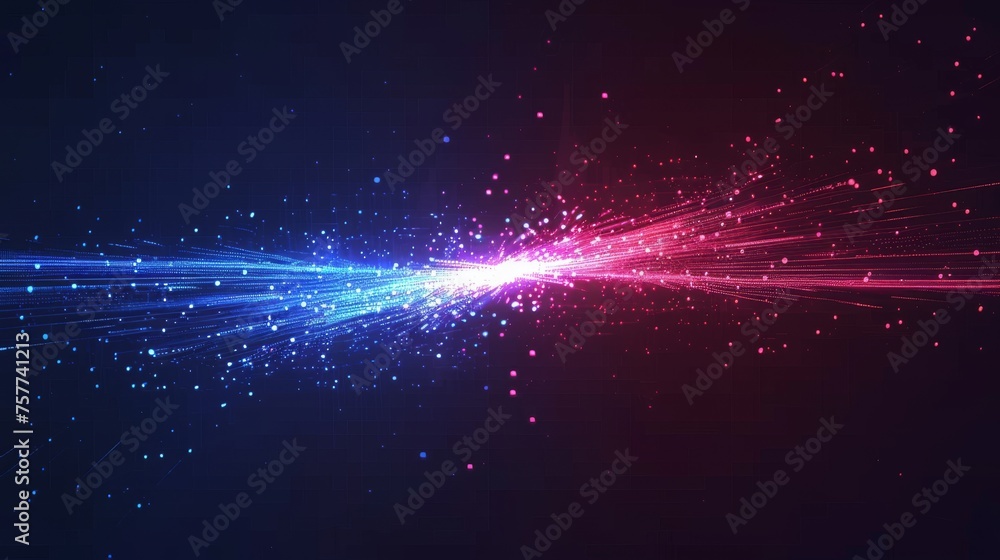 A neon glowing fiber with a high speed motion effect. A series of blue and red lines seen in a data network or energy flow. A realistic modern illustration showing the action of a particle in modern