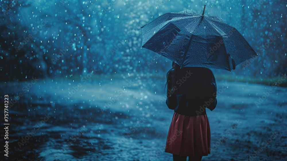 Young woman in raincoat with umbrella standing in the rain at rainy day