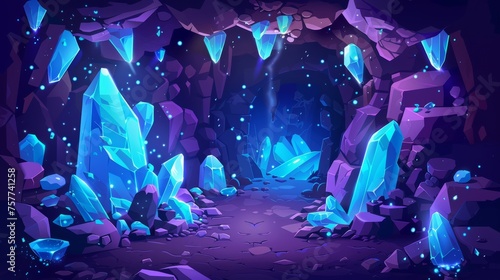 For a UI design for a game or video game, this is a dark cave filled with blue shining gem crystal clusters. I have created a cartoon modern tunnel filled with luminous diamonds. A rocky dungeon mine photo