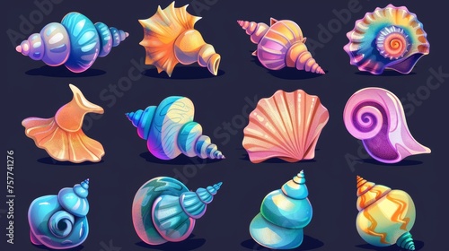 Game assets set with sea shells, vessels, and horned conches. Colorful nautical or aquarium seashells. Cartoon modern illustration collection for rpg GUI design.