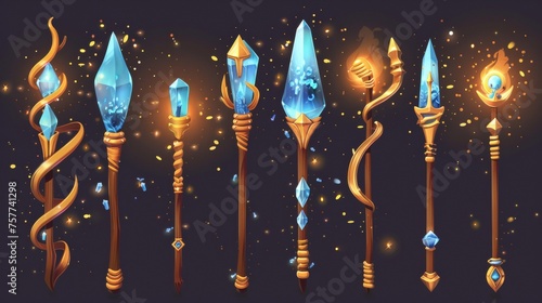 Game rank wizard staffs set isolated on white background. Modern cartoon illustration of golden magic power sticks decorated with blue gemstone crystals and sparkling shimmering particles.