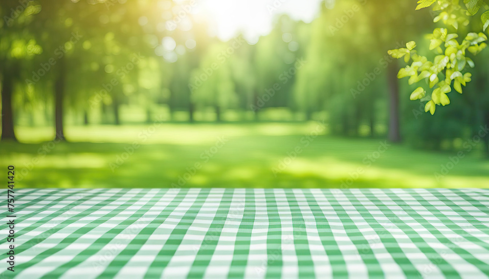 Summer nature backdrop with copy space on picnic table - obrazy, fototapety, plakaty 