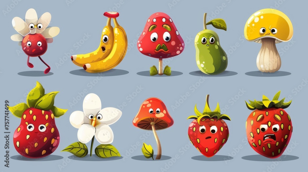 Retro groovy cartoon characters with daisy and mushroom, banana and strawberry, surrounded by decorative elements. Modern set of cute fruits and flowers with funny faces.