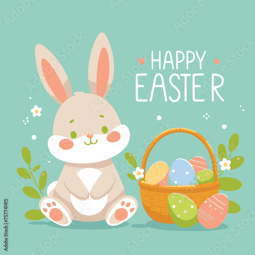 Happy easter. basic  Vector illustration of a cute bunny with a basket of eggs. solid colors