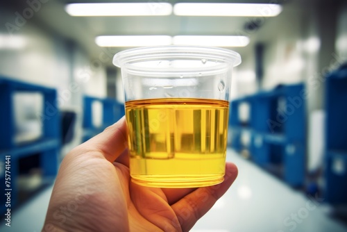 
A man at a medical facility providing a urine sample for analysis, illustrating the routine nature of urine testing in healthcare settings.