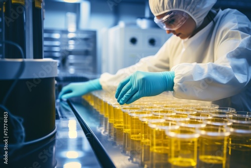 
A woman scientist wearing protective gear meticulously examining urine samples in a laboratory setting, showcasing the meticulous process of urine analysis.
