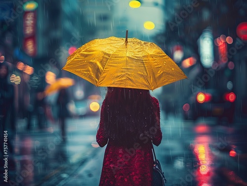 Woman with yellow umbrella in rainy day. Rainy weather concept