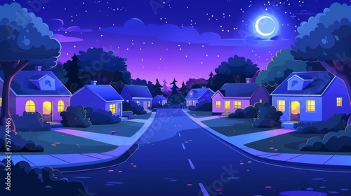 Dark suburban landscape with houses in row, trees and yards, roads, and driveways in the night under moonlight. Cartoon modern town scene with modern neighborhood cottages.
