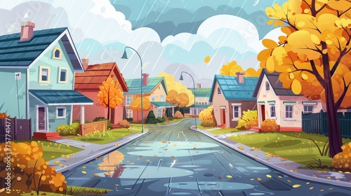 Town street during autumn in rainy weather. Modern cartoon illustration of suburban houses along rural alley, cloudy sky, yellow leaf foliage on trees, puddles on road, modern housing community. © Mark