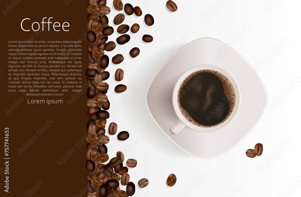 Obraz premium Advertising poster cup of coffee with coffee beans. Vector illustration. Sketch for creativity.