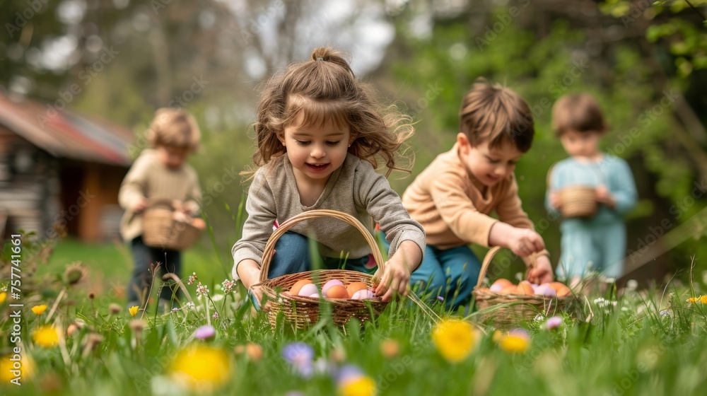Fototapeta premium cheerful young kids with baskets searching for easter eggs in a garden