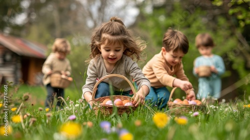 cheerful young kids with baskets searching for easter eggs in a garden © Salander Studio