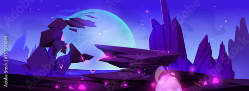 Alien planet landscape. Vector cartoon illustration of space adventure game background with rocky stone terrain, neon pink liquid substance glowing in dark crater, night sky with many stars and moon