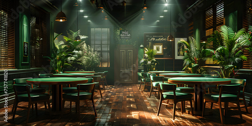 Traditional Irish pub decorated for St. Patrick's Day ,Stylish cafe interior with green plants and natural light