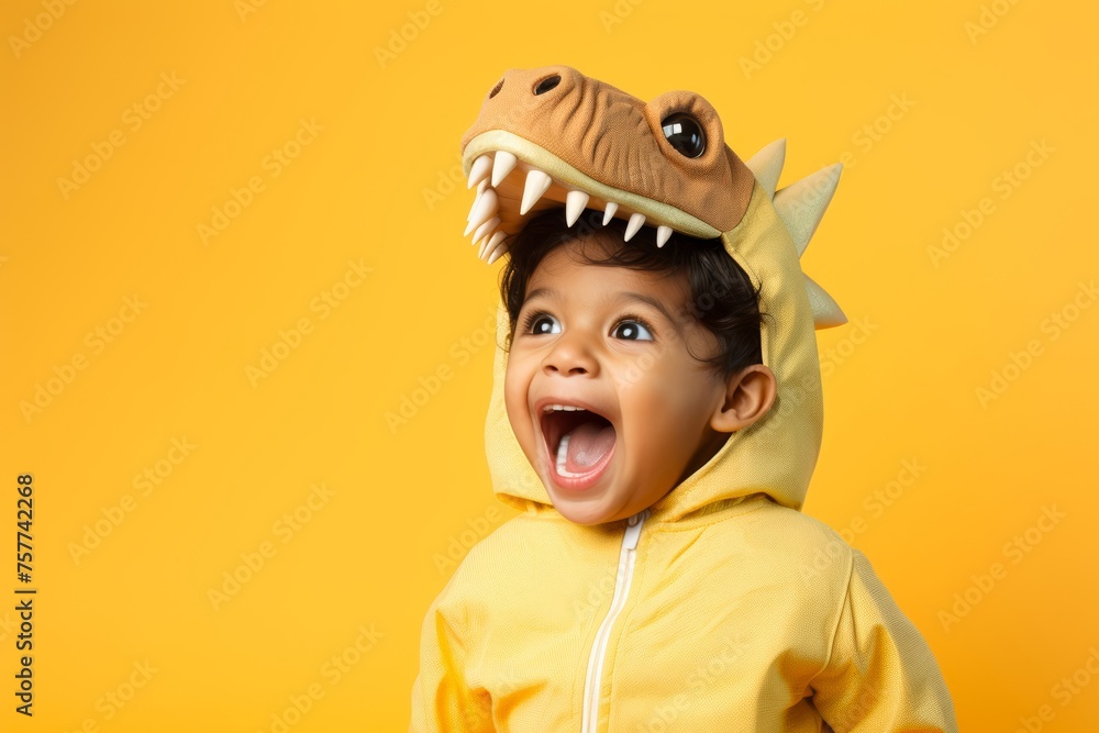 Boy of South Asian origin in a dinosaur costume, set against a soft pastel yellow background, igniting the excitement and wonder of prehistoric adventures.