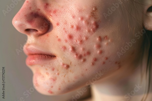 Photo of a macro of acne-prone skin, highlighting inflamed pimples and redness
