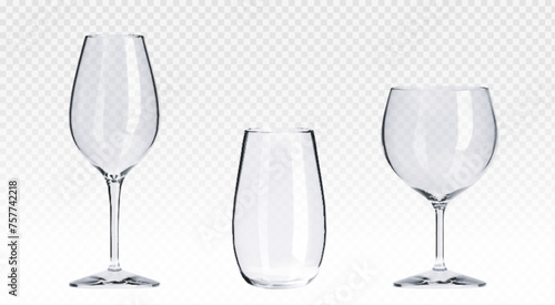 Transparent cocktail glass mockup for alcohol long drinks. Realistic vector illustration set of bar and restaurant shiny glassware for beverages. Clean empty kitchen crockery and cafe tableware.