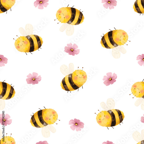 Cute watercolor bee. Seamless pattern © webmuza