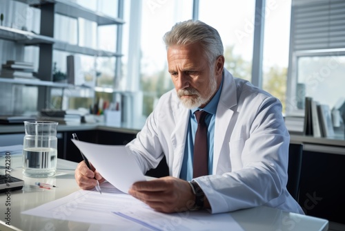 A middle-aged doctor reviewing a printed blood analysis report with concern.