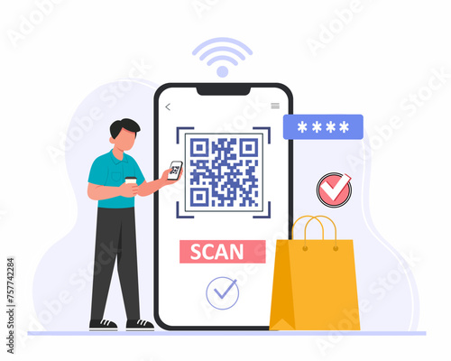 Men use mobile cashless payment system or scan qr code for online shopping digital banking service and application for contactless pay vector illustration