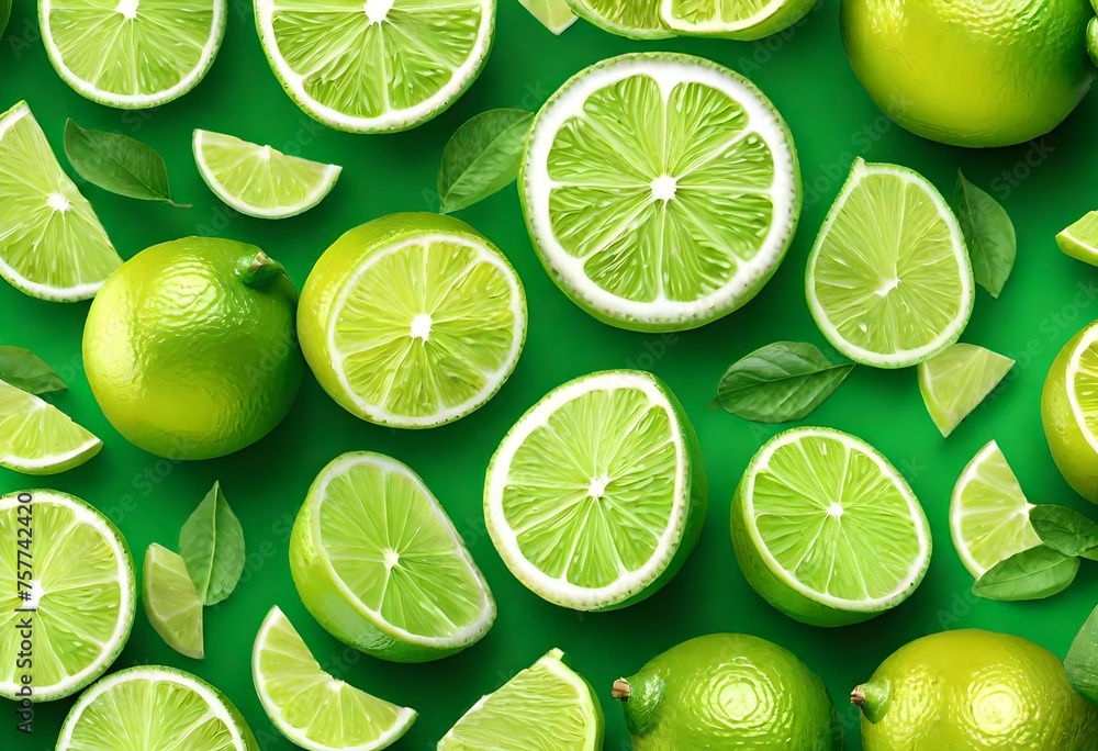 set of delicious limes depicted in a vibrant cut-out style, each lime showcasing its bright green color and juicy texture, 