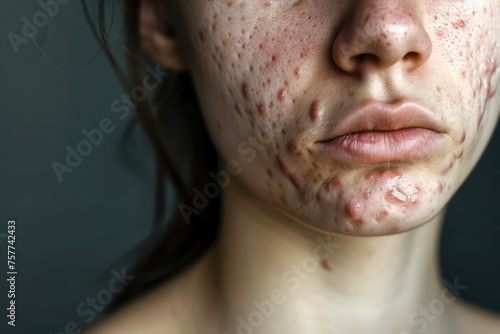  Photo close up of a young woman with cystic acne, highlighting painful and deep-seated pimples on the face. © Hanna Haradzetska