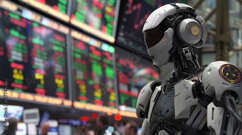 Robot humanoid in front of stock market data. 3d rendering
