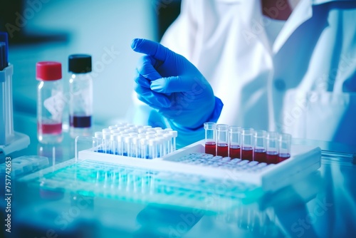 A modern equipment used for blood analysis with a focus on a blood sample tube held by a young male scientist.