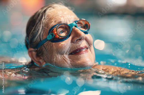 A senior woman with swimming goggles resting on the edge of an indoor pool