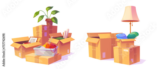Packed cardboard boxes isolated on white background. Vector cartoon illustration of carton packages with home stuff, flower pot and lamp, handmade accessories, house moving, parcel delivery service