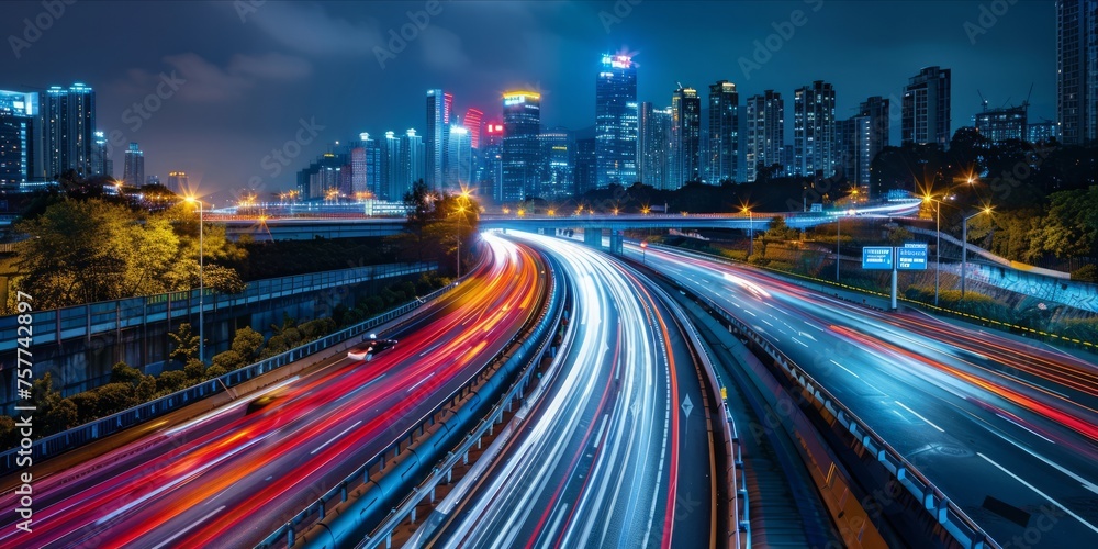 Long exposure of city highway traffic at night with neon light trails.