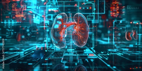 Futuristic kidney health analysis with holographic imagery and data visualization.