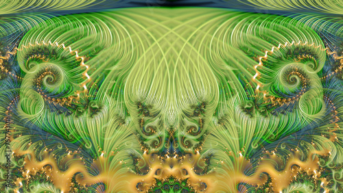 shades of pale and dull green and gold coloured fractal spiral lacy and intricate design on a grey background	