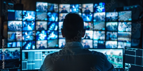 Security professional monitoring multiple surveillance screens in a dark control room. photo