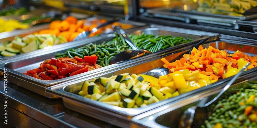 Buffet trays filled with a variety of colorful cooked vegetables.