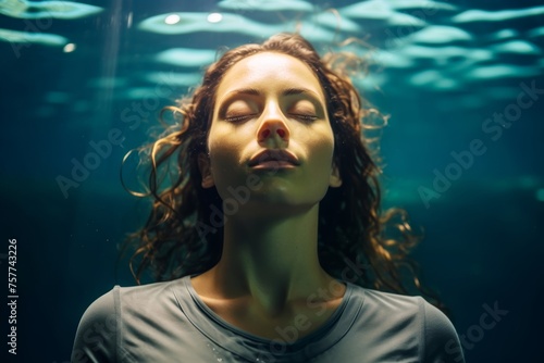 A young girl submerged underwater, her eyes closed in peaceful meditation as she practices breath-hold diving. She is a freediving instructor from Greece, teaching her students the art o