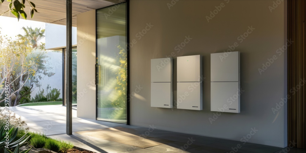 Fototapeta premium Wall mounted home battery storage units in a modern home.