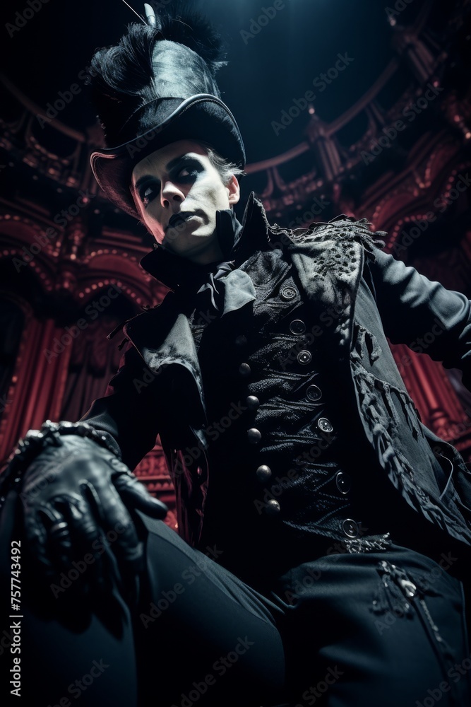 Close-Up Fish-Eye of an Actor in Gothic Attire on a  Theater Stage