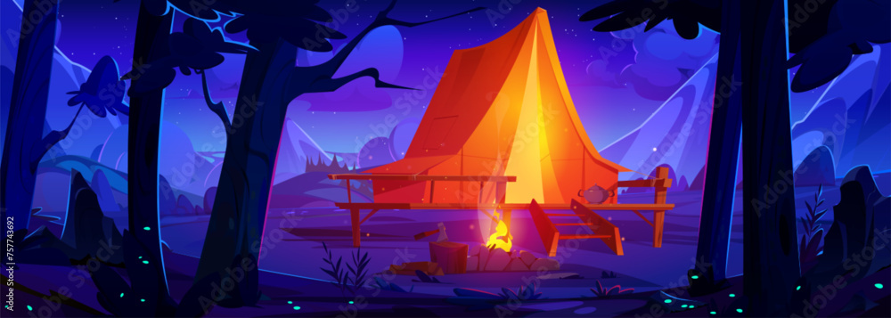 Camping area with tent on wooden patio with bright light inside and flame in campfire in forest near mountains at night. Cartoon vector summer landscape for outdoor countryside adventure concept. - obrazy, fototapety, plakaty 