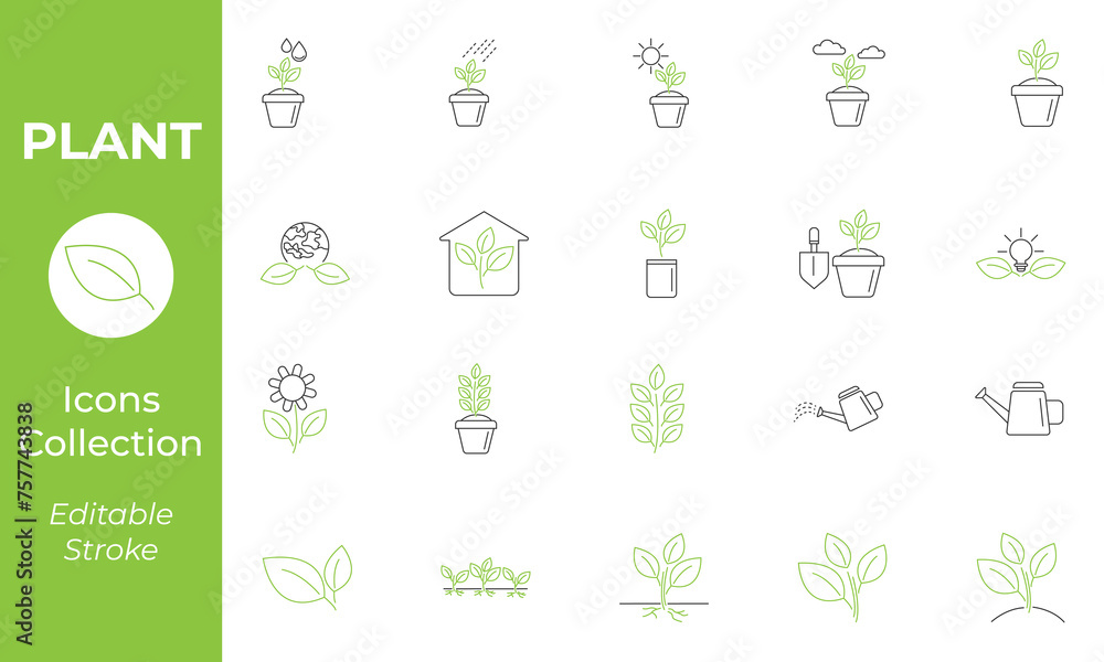 Plant black and green color line icons set. Editable stroke. Agriculture vector illustration. Outline signs for gardening.
Plant black and green color line icons set. Editable stroke. Agriculture vector illustration. Outline signs for gardening.