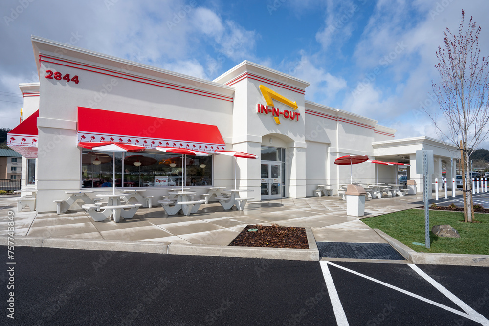 Roseburg, OR, USA Mar 25, 2023 Exterior view of an InNOut Burger restaurant in Roseburg