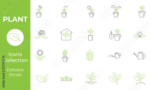 Plant black and green color line icons set. Editable stroke. Agriculture vector illustration. Outline signs for gardening.	
