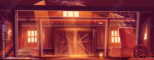 Old abandoned farm barn inside with broken wooden walls and gate, hay stacks and empty sacks on floor, cobweb and mess. Cartoon vector damaged ranch shed interior. Destroyed rural storehouse.