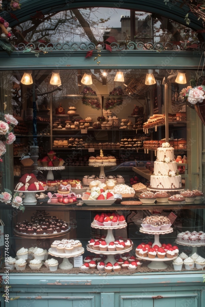 A bakery window display filled with  treats like heart-shaped cookies, red velvet cupcakes, and chocolate-covered strawberries
