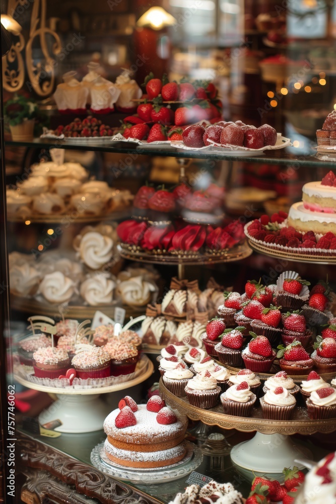 A bakery window display filled with  treats like heart-shaped cookies, red velvet cupcakes, and chocolate-covered strawberries
