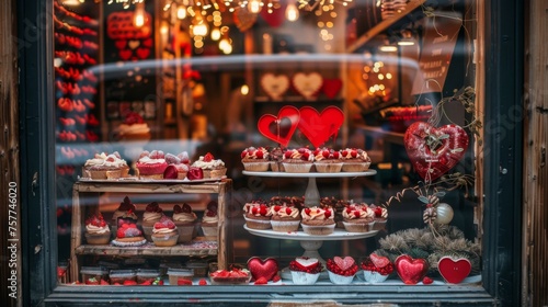 A bakery window display filled with treats like heart-shaped cookies, red velvet cupcakes, and chocolate-covered strawberries 