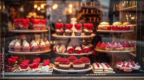 A bakery window display filled with  treats like heart-shaped cookies, red velvet cupcakes, and chocolate-covered strawberries
