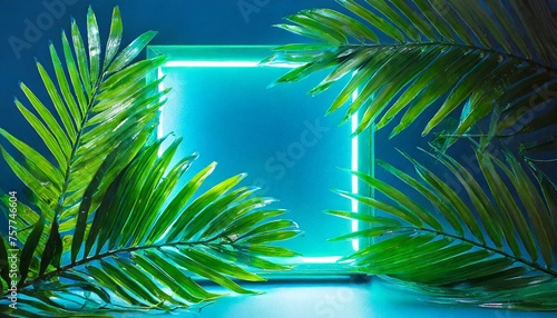 Electric Jungle  Close-Up of Neon Glowing Lights with Green Palm Leaves on Blue