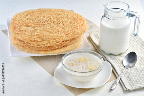 Pheni, Lachha or fried vermicelli is a healthy cereal. It is made by wheat flour and Desi Ghee and use with warm milk, sugar and nuts.