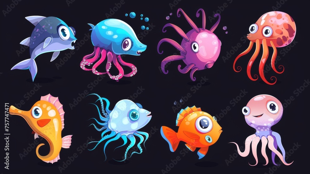 Cartoon set of aquarium characters with fish, seahorses, jellyfish, and octopuses on black background. Modern illustration of aquarium characters, humor marine creatures, puffer fish and more.